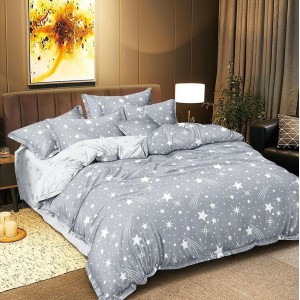 Lenjerie pat dublu (140x200cm, 160x200cm, 180x200cm), bumbac satinat, cearsaf clasic, 4 piese,  Gri, stelute Lenjerie pat dublu (140x200cm, 160x200cm, 180x200cm), bumbac satinat, cearsaf clasic, 4 piese,  Gri, stelute