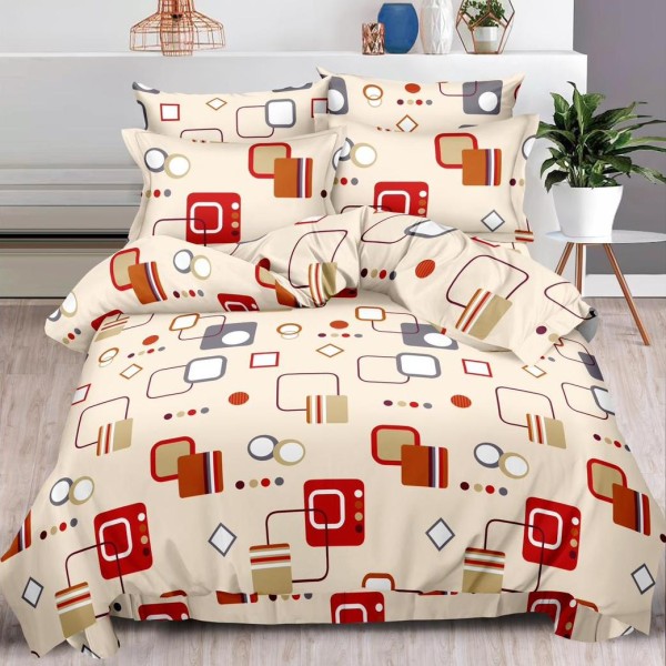 Lenjerie pat dublu (160x200cm, 180x200cm),  FINET, 6 piese, cu ELASTIC, Bej, forme geometrice [1]