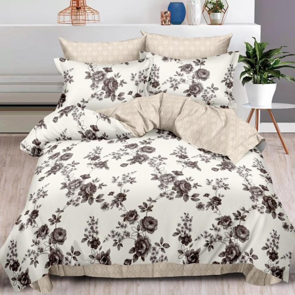 Lenjerie pat dublu (160x200cm, 180x200cm),  FINET, 6 piese, cu ELASTIC, Bej, trandafiri [1]