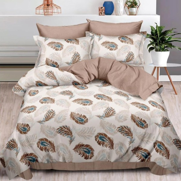 Lenjerie pat dublu (160x200cm, 180x200cm),  FINET, 6 piese, cu ELASTIC, Bej, pene [1]