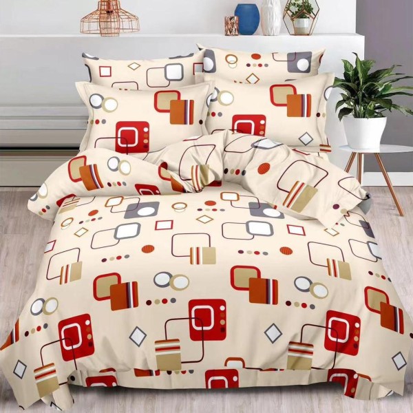 Lenjerie pat dublu (140x200cm, 160x200cm, 180x200cm),  FINET, 6 piese, Bej-Rosu, forme geometrice [1]