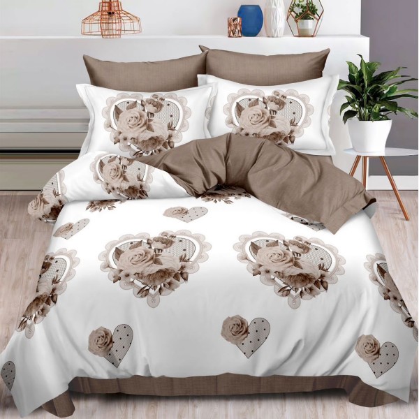Lenjerie pat dublu (160x200cm, 180x200cm),  FINET, 6 piese, cu ELASTIC, Maro, inimioare, trandafiri [1]