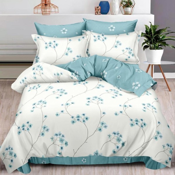Lenjerie pat dublu (160x200cm, 180x200cm),  FINET, 6 piese, cu ELASTIC, Bleu, flori [1]