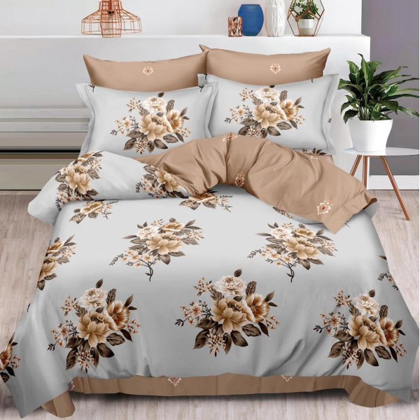 Lenjerie pat dublu (160x200cm, 180x200cm),  FINET, 6 piese, cu ELASTIC, Maro, flori [1]