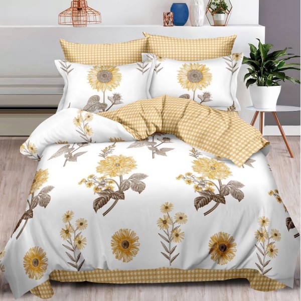 Lenjerie pat dublu (160x200cm, 180x200cm),  FINET, 6 piese, cu ELASTIC, Galben, flori [1]