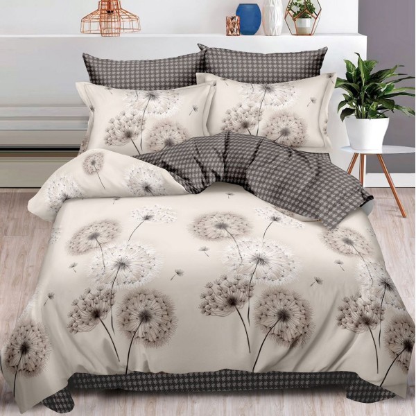 Lenjerie pat dublu (160x200cm, 180x200cm),  FINET, 6 piese, cu ELASTIC, Gri, papadii [1]