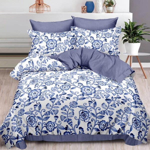 Lenjerie pat dublu (140x200cm, 160x200cm, 180x200cm),  FINET, 6 piese, Albastru, flori [1]
