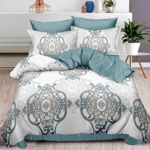 Lenjerie pat dublu (160x200cm, 180x200cm),  FINET, 6 piese, cu ELASTIC, Gri albastrui, model oriental