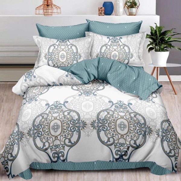 Lenjerie pat dublu (160x200cm, 180x200cm),  FINET, 6 piese, cu ELASTIC, Gri albastrui, model oriental [1]