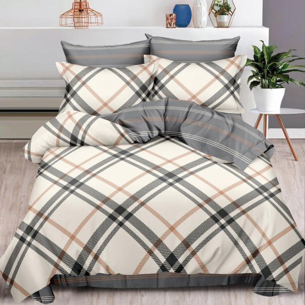 Lenjerie pat dublu (160x200cm, 180x200cm),  FINET, 6 piese, cu ELASTIC, Gri, carouri [1]