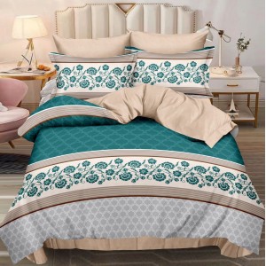 Lenjerie pat dublu, Finet, 6 piese, Bej-Turquoise, floral