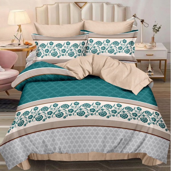 Lenjerie pat dublu (140x200cm, 160x200cm, 180x200cm),  FINET, 6 piese, Bej-Turquoise, floral [1]