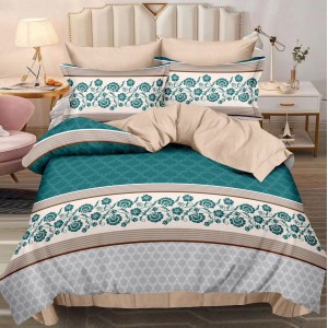 Lenjerie pat dublu cu ELASTIC, Finet, 6 piese, Turquoise, floral