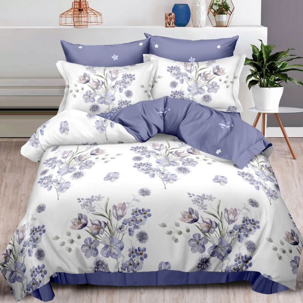 Lenjerie pat dublu (160x200cm, 180x200cm),  FINET, 6 piese, cu ELASTIC, Gri albastrui, flori [1]