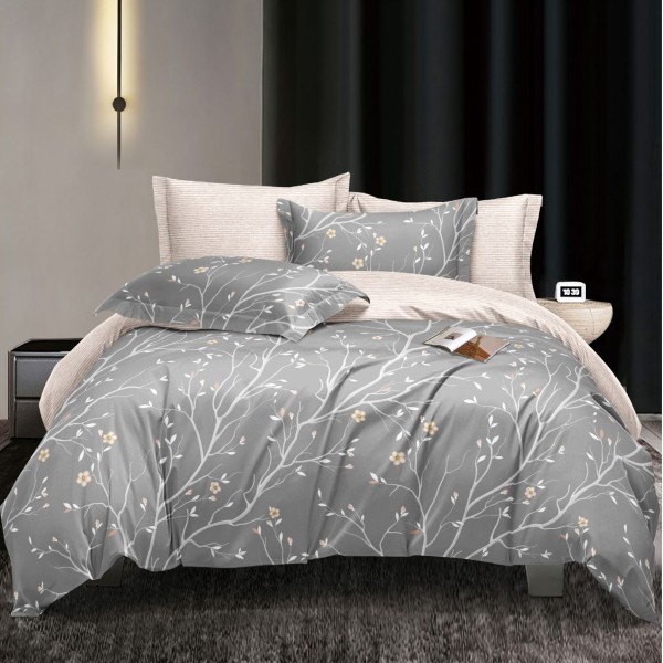 Lenjerie pat dublu (140x200cm, 160x200cm, 180x200cm), bumbac satinat, cearsaf clasic, 4 piese,  Gri, crengute [1]