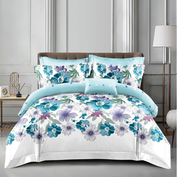 Lenjerie pat dublu (140x200cm, 160x200cm, 180x200cm), bumbac satinat, cearsaf clasic, 4 piese,  Bleu, flori [1]