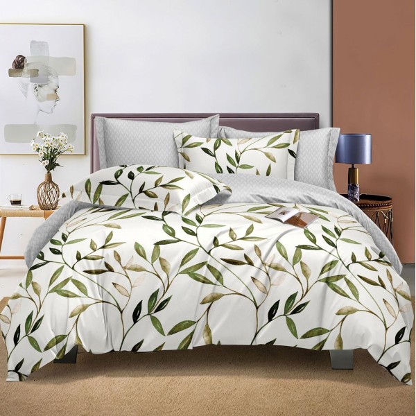 Lenjerie pat dublu (140x200cm, 160x200cm, 180x200cm), bumbac satinat, cearsaf clasic, 4 piese,  Verde, frunze [1]
