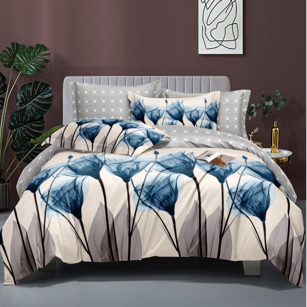Lenjerie pat dublu (140x200cm, 160x200cm, 180x200cm), bumbac satinat, cearsaf clasic, 4 piese,  Albastru, flori [1]