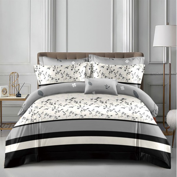 Lenjerie pat dublu (140x200cm, 160x200cm, 180x200cm), bumbac satinat, cearsaf clasic, 4 piese,  Gri, flori [1]