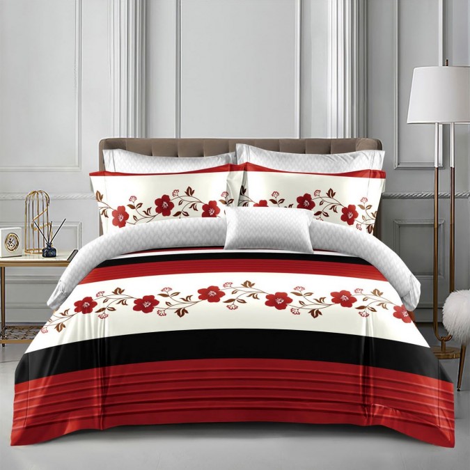 Lenjerie pat dublu cu două feţe, 4 piese, Bumbac Satinat Superior, Rosu, flori