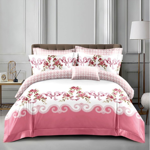 Lenjerie pat dublu (140x200cm, 160x200cm, 180x200cm), bumbac satinat, cearsaf clasic, 4 piese,  Roz, floral [1]