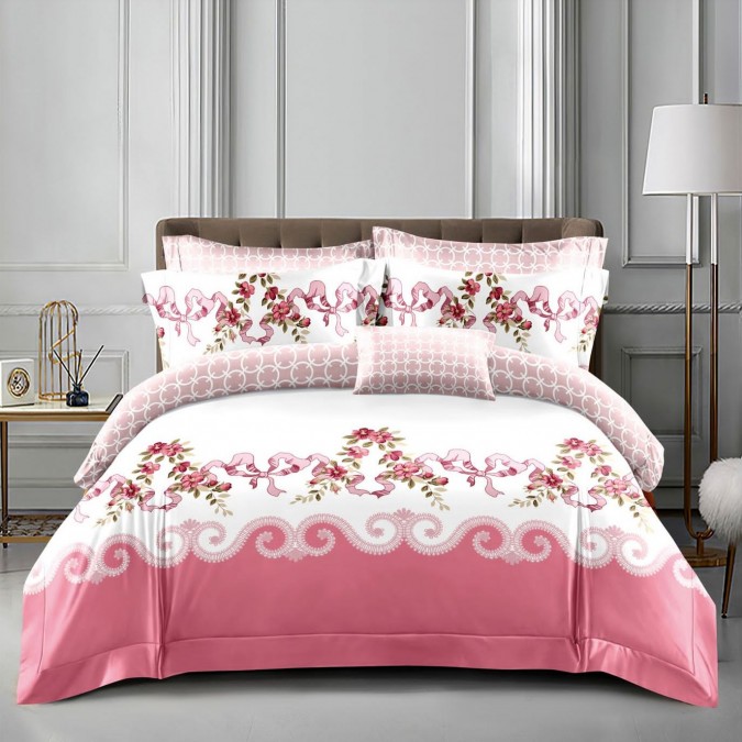 Lenjerie pat dublu cu două feţe, 4 piese, Bumbac Satinat Superior, Roz, floral