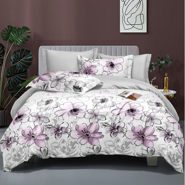 Lenjerie pat dublu (140x200cm, 160x200cm, 180x200cm), bumbac satinat, cearsaf clasic, 4 piese,  Gri, flori [1]