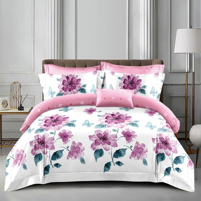Lenjerie pat dublu cu două feţe, 4 piese, Bumbac Satinat Superior, Roz, flori