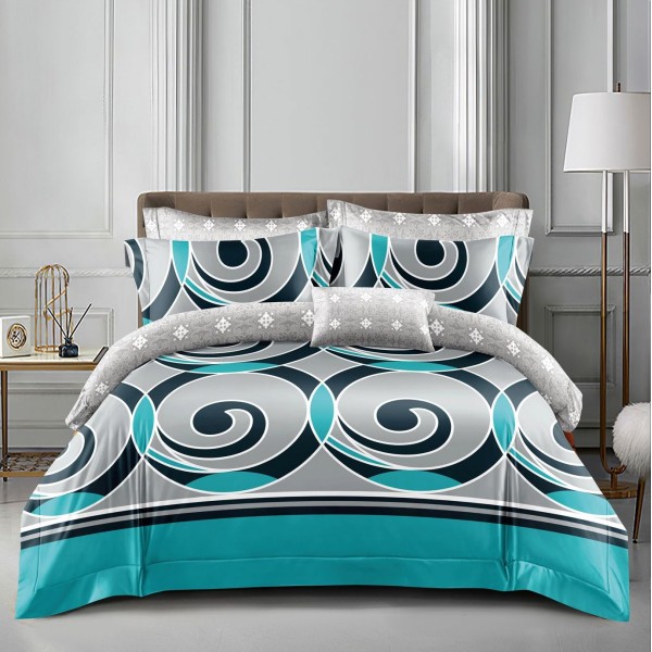 Lenjerie pat dublu (140x200cm, 160x200cm, 180x200cm), bumbac satinat, cearsaf clasic, 4 piese,  Gri-Turquoise, abstract [1]