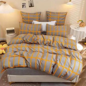 Lenjerie pat dublu (140x200cm, 160x200cm, 180x200cm), bumbac satinat, cearsaf clasic, 4 piese,  Gri-Mustar, carouri