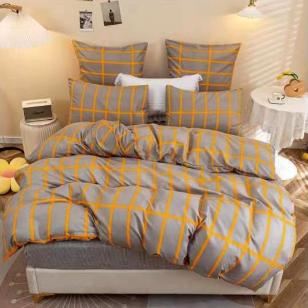 Lenjerie pat dublu (140x200cm, 160x200cm, 180x200cm), bumbac satinat, cearsaf clasic, 4 piese,  Gri-Mustar, carouri [1]