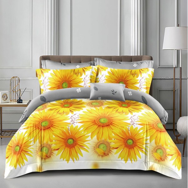 Lenjerie pat dublu (140x200cm, 160x200cm, 180x200cm), bumbac satinat, cearsaf clasic, 4 piese,  Galben, flori [1]