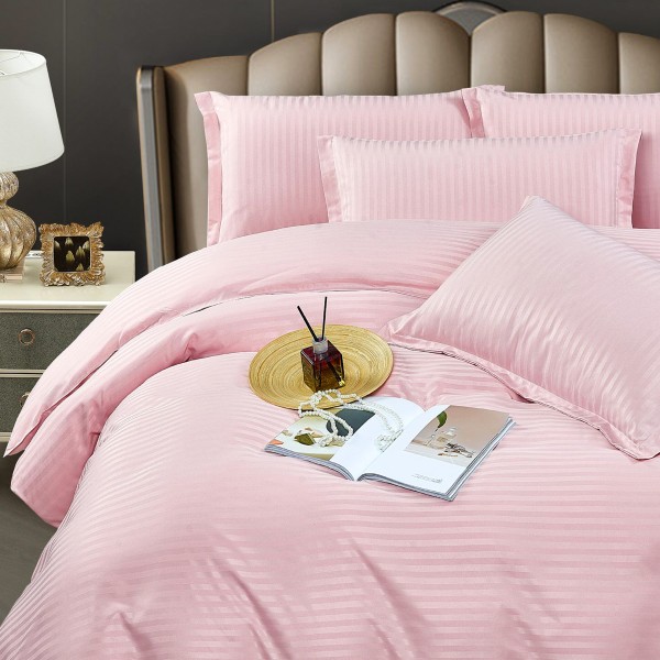 Lenjerie HoReCa, pat dublu, Damasc Finetat Deluxe cu Elastic, 6 piese, Jojo Home, Roz deschis [1]
