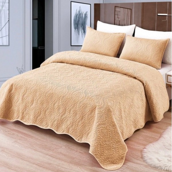 Cuvertura pat dublu, 3 piese, Catifea Matlasata, 230x250cm, Camel [1]