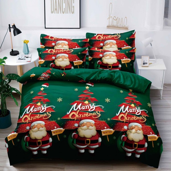 Lenjerie pat 1 PERSOANA,  FINET, 4 piese, Jojo Home, Craciun, Verde, brazi, Mos Craciun [1]