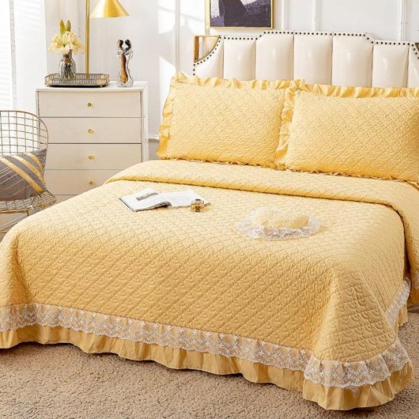 Cuvertura pat dublu din Bumbac Finet cu Broderie, 4 PIESE, Galben [1]