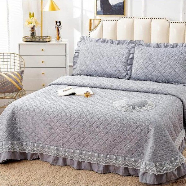 Cuvertura pat dublu din Bumbac Finet cu Broderie, 4 PIESE, Gri [1]