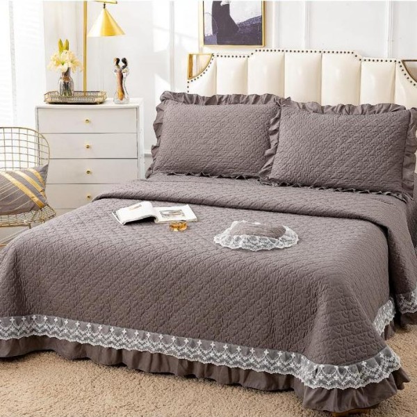 Cuvertura pat dublu din Bumbac Finet cu Broderie, 4 PIESE, Gri inchis [1]