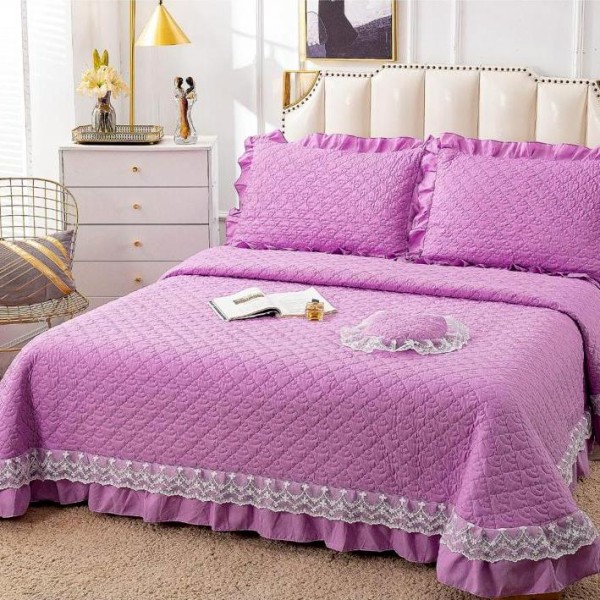 Cuvertura pat dublu din Bumbac Finet cu Broderie, 4 PIESE, Lila [1]