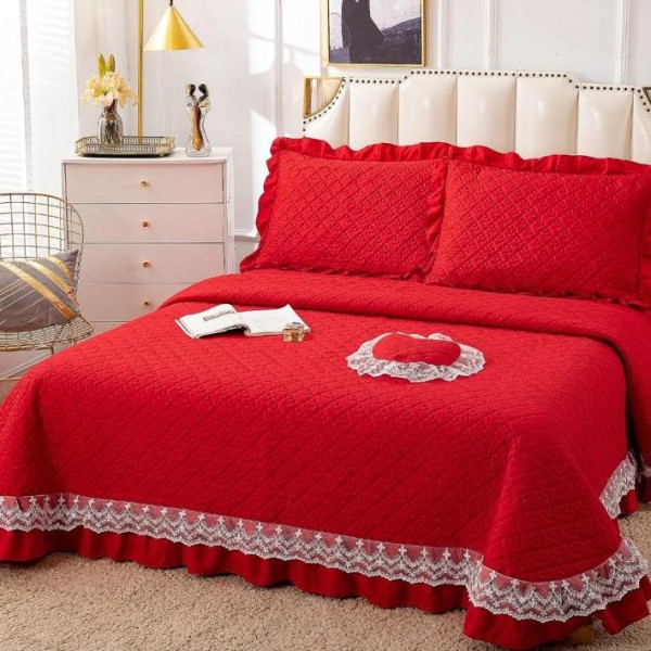 Cuvertura pat dublu din Bumbac Finet cu Broderie, 4 PIESE, Rosu [1]