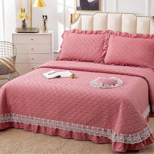 Cuvertura pat dublu din Bumbac Finet cu Broderie, 4 PIESE, Roz [1]