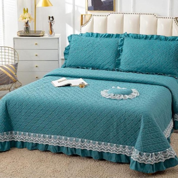 Cuvertura pat dublu din Bumbac Finet cu Broderie, 4 PIESE, Turquoise [1]