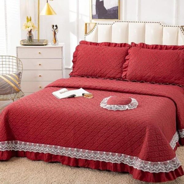 Cuvertura pat dublu din Bumbac Finet cu Broderie, 4 PIESE, Visiniu [1]