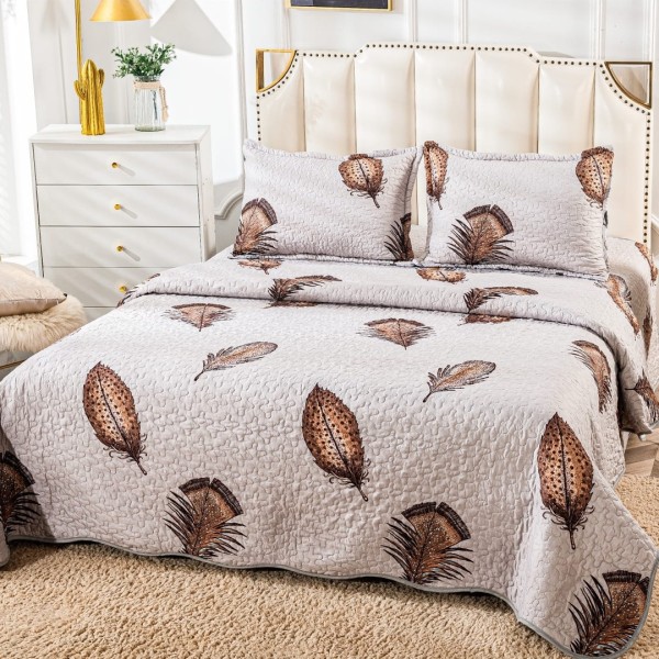 Cuvertura pat dublu din Bumbac Satinat Superior, 3 PIESE, Maro, pene [1]