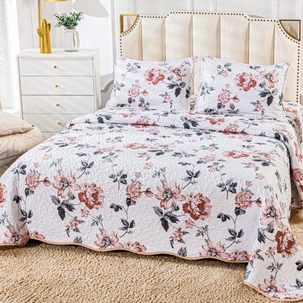Cuvertura pat dublu din Bumbac Satinat Superior, 3 PIESE, Maro, flori [1]