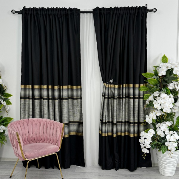 Set 2 Draperii  Elite, tip panou 3 metri latime x 232cm inaltime , Rejansa pt bara ,Negru cu Auriu [1]
