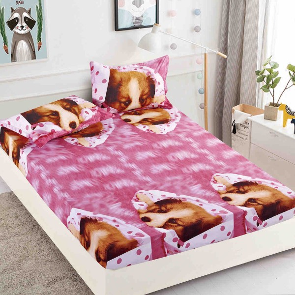 Cearsaf cu elastic, Bumbac FINET, 160/180x200cm, 2 fete de perne 50x70cm, Jojo Home, Roz-Maro, catelusi [1]