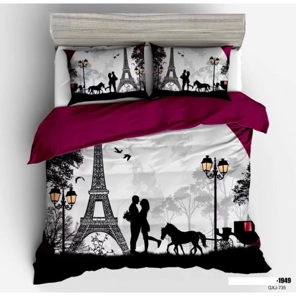 Lenjerie pat dublu, 4 piese, Bumbac 100% Poplin, Negru, indragostiti, turnul Eiffel [1]
