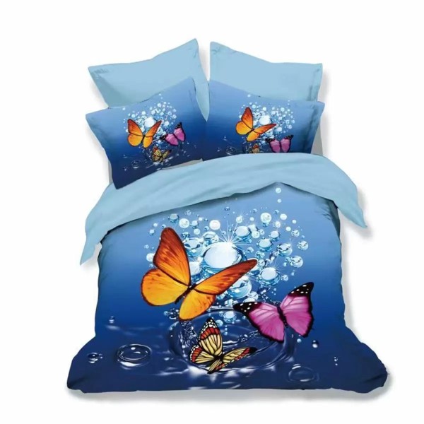 Lenjerie pat dublu, Ralex Pucioasa, 6 piese, Bumbac Finet, imprimeu 3D, IDENTIC CU POZA, Albastru, fluturi [1]