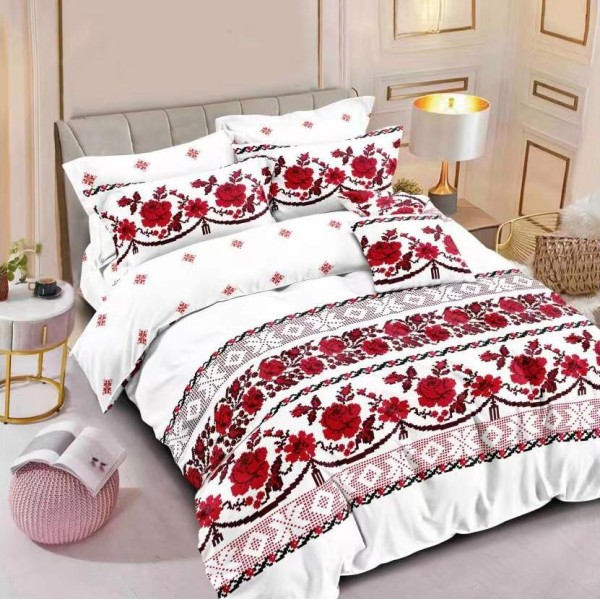 Lenjerie pat dublu (160x200cm, 180x200cm),  FINET, 6 piese, cu ELASTIC, Alb-Rosu, model traditional [1]